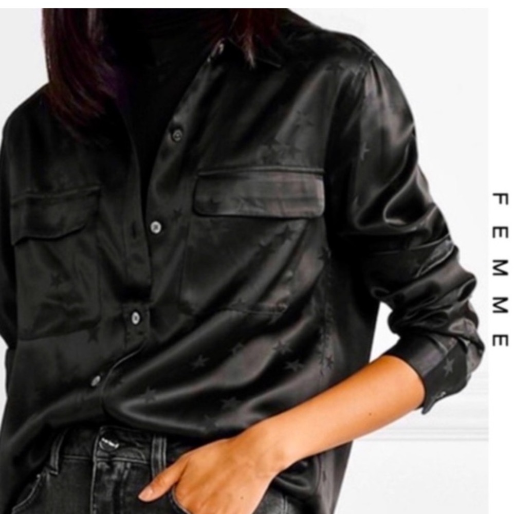 Equipment X Tabitha Simmons Black Star Dress Satin Button Down Shirt Size Medium